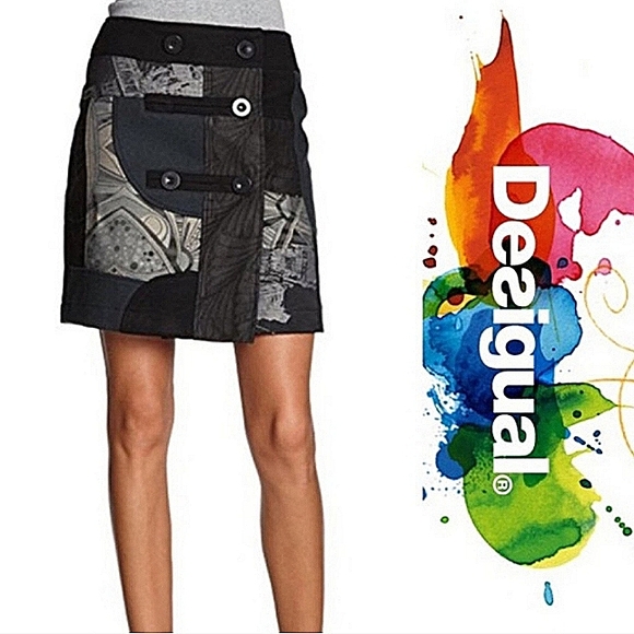 NEW Desigual black gray mix media button front embroidered wrap mini skirt 40 8